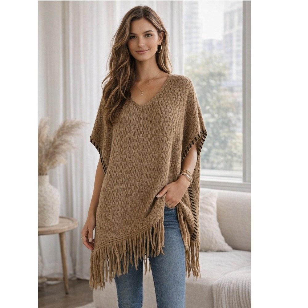 Love Tree Poncho Size S/M Acrylic Nylon Mohair Tan Top Fringe Side Stitch Boho